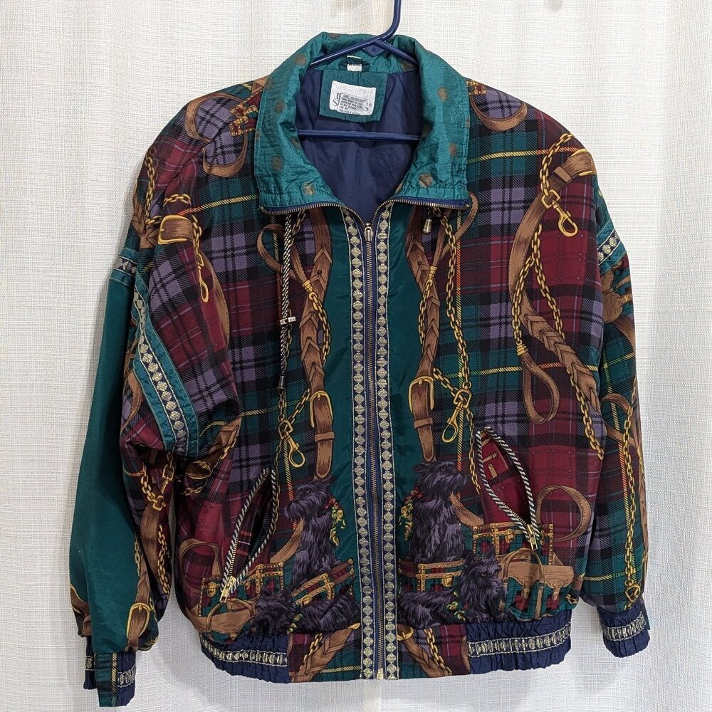 VTG Jessica Stevens Plaid Dog Collar Print Bomber Jacket Equestrian Luxe Large